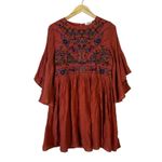 Umgee  Floral Embroidered Bell Sleeve Babydoll Mini Dress Womens M Rust Western Photo 1