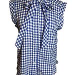 Koch  gingham pearl button tie neck blouse Sz S blue white Photo 0
