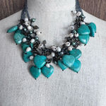 Freshwater Pearl & Faux Turqouise Hearts Glass Bead Chunky Bib‎ Fringe Necklace Green Photo 0