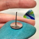 Vintage Blue Green Painted Wood Triangle Earrings Womens 1980s Funky Artsy Photo 2