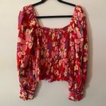 Free People  Red Pink Floral Ariana Smocked Puff Sleeve Long Sleeve Blouse Medium Photo 5