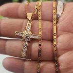 Cross Pendant with CZ Stones 20" Jesus Chain Gold Plated Steel New Photo 0