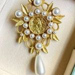 Trendy Water Drop Leaf Branch Pearl Brooch Hollow Baroque Matte Gold Color Woman Photo 0