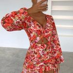 SheIn Joyfunear Floral Print Knot Front Cut Out Ruched Ruffle Dress Photo 0