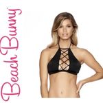 Beach Bunny Black Reese High Neck Halter Strappy Front Bikini Top Size Medium Photo 2