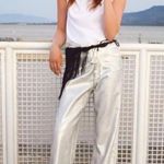 ZARA TRF MID WAIST LOOSE FOIL LONG WIDE LEG JEANS SILVER/White Size 4 NEW Photo 4