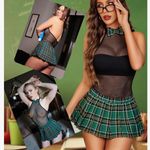 Sexy Sheer Mesh Bodysuit with Plaid Skirt Black Size M Photo 1