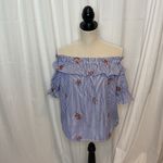 Active USA 52  Cold Shoulder Blue White Stripe Ruffle Floral Top Size Medium Photo 1