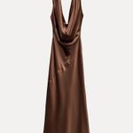 ZARA  dress gown maxi halter scarf satin plunge neck Brown  Evening Wedding Photo 5