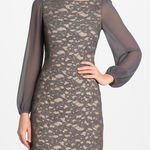 Eliza J  Y2K Lacy Knee length Cocktail Dress Long chiffon puff sleeves Grey Sz 6 Photo 0