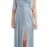 Dessy Collection Square Neck Luxe Chiffon Bow Shoulder Dress in Mist size 8R NWT Blue Photo 0