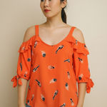 Lily White 🟣3-for-$24🟣  Coral Bird Print Cold Shoulder‎ Tie Sleeve Blouse - L Photo 0