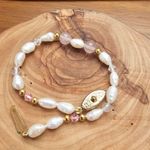 Freshwater Pearl Rose Quartz Gold color Bead Aurora Borealis AB Crystal Bracelet Pink Photo 3