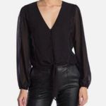 WAYF Black Long Sleeve Sheer Lace Trim Button Up Tie Front Blouse Top Large Photo 0