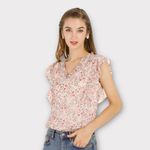 Allegra K New  Women's Ruffle Tops Casual V Neck Floral Blouse Pink X-Small Photo 6