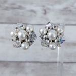 Vintage Clip On Earrings Faux Pearl & Iridescent Bead Cluster Photo 0