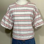 CODE × MODE Striped Puff Sleeve Top Size S White Red Black Cotton Blend Ruffle S Photo 0