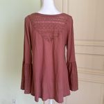 Free People  Parisian Nights Pink Eyelet Bell Sleeve Waffle Knit Top size S Photo 8