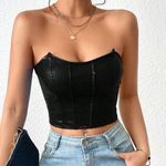 Black Privé Solid PU Leather Crop Tube Top Photo 3