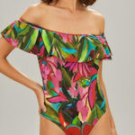 Farm Rio  Jardin De Reve Off-Shoulder Ruffle One Piece Swim, Green, Small Photo 0