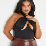 Pretty Little Thing Plus Black Woven Cross Over Zip Front Bodysuit Top Size 26 Photo 0