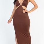 LAST ONE | NEW Brown Front Cut Out Halter Neck Back Tie Midi Dress Photo 0