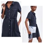 ZARA  TRF Dress Blue Utility Soft Viscose Short Sleeve Belted Size Small Photo 8