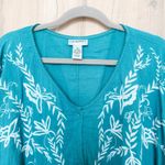Catherines  Womens Embroidered Blouse Size 3X Teal Boho Floral Cottage Artsy Photo 3