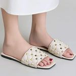 Women's Studded Sandals Flat Square Open Toe Pleather Strap Slides Slip On Shoes Gold Size 6.5 Photo 1