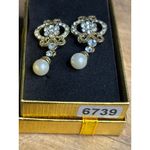 Gold Tone Crystal Pearl Dangle Earrings Photo 2