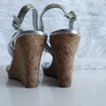 BCBGMAXAZRIA BCBG Paris Metallic Silver Faux Leather Woven Rope Strappy Cork Open Toe Wedges Photo 9