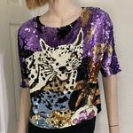 Vintage Fully Sequinned & Beaded Wild Cat Leopard Dolman Sleeve Silk Top Size S Black Photo 0
