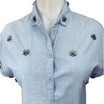 ZARA  Women's Basic Blue Beaded Rhinestone Chambray Button Down Shirt Top Size XS Photo 1