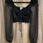 Privy  Black Long Mesh Sleeve Ruched Smocked Back Cropped Top Medium Photo 0