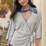 Sundance  Linen Shirt Womens Size Medium Wrap Black White Whipstitch Striped Photo 0