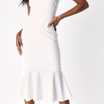 Lulus Moment Maker White Square Neck Trumpet Midi Dress Photo 0