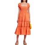 Zaful NWT Womens Square Neck‎ Puff Sleeve Smocked Ruffle A Line Midi Dress Orange XL Photo 2
