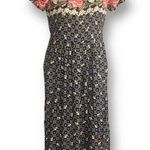 Vintage 90s Dress Black Red Rose Floral Scoop Neck Short Sleeve Maxi Petite 8 Size 8P Photo 0