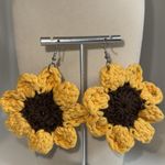 Sunflower Crochet Earrings Pierced w French Hooks Yellow & Brown Photo 2