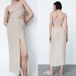 ZARA  CUT OUT V-neck Dress w/ Thin Straps Side Slits at Hem Beige SIZE S NEW Photo 1