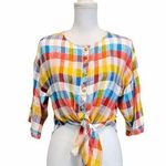 Lucky Brand Women’s XLarge  Crop Top Multicolor Plaid Blouse Tie Front Summer Photo 0
