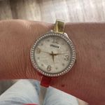 Chico's Chico’s Large Face Mother of Pearl Pave Rhinestone Goldtone Delicate Band Watch Photo 8