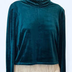 Joie  Teal velvet mock neck long sleeve top with beaded fringe hem M Photo 0