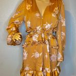 Privy Crinkled Satin Ruffle Long Sleeve Mini Dress Gold Brown White Size Large Photo 0
