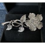 Rhinestone Encrusted Pin Flower Stem Leaves Silver Tone Cocktail Brooch Photo 5