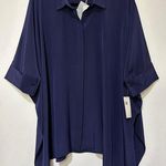 Trina Turk  Women's Size Large Barbados Tunic Blouse Navy Blue Silk Short Sleeves Photo 0
