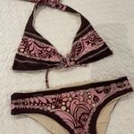 Women small Reversible bikini halter top & bottom set brown pink print flower Photo 2