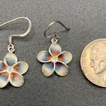 Sterling Silver Plumeria Flower Earrings Dangle Drop 925 CZ Center Photo 2