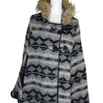 Women’s Faux Fur Hooded Parka Thick Shaw Poncho Southwestern Aztec Boho Black Size L Photo 0