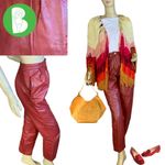VINTAGE 1980'S REDDISH BROWN LEATHER STRAIGHT LEG PLEATED TROUSERS (XS) Red Photo 1